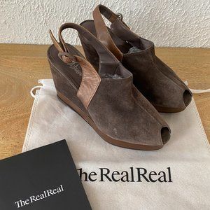 CASTAÑER Suede Slingback Wedges size 39 fit like 8.5 Brown Leather Straps Spain